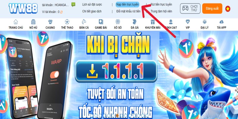 Chọn mục nạp tiền WW88 trên thanh công cụ